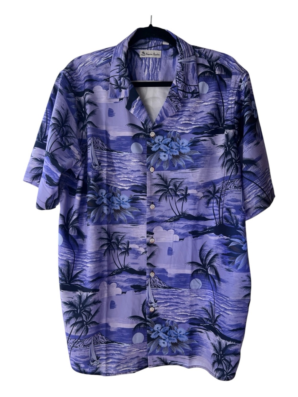Hawaiian Vacation Shirt Purple Sunset Palms Tropical Aloha Resortwear XL EUC